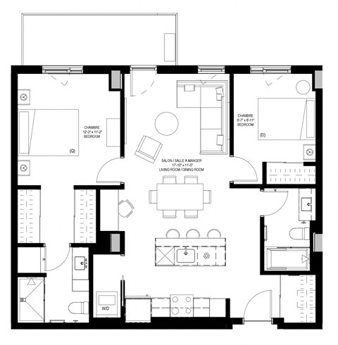 Floor plan for 2 beds, 2 baths, 926 sqft